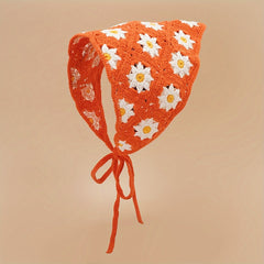 Daisy Flower Knitted Triangle Scarf Head Wrap Hollow Crochet Lace Up Turban Hat