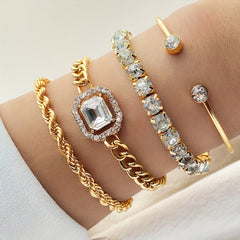 4pcs Chain Square Rhinestone Bracelet Set for Women Girls