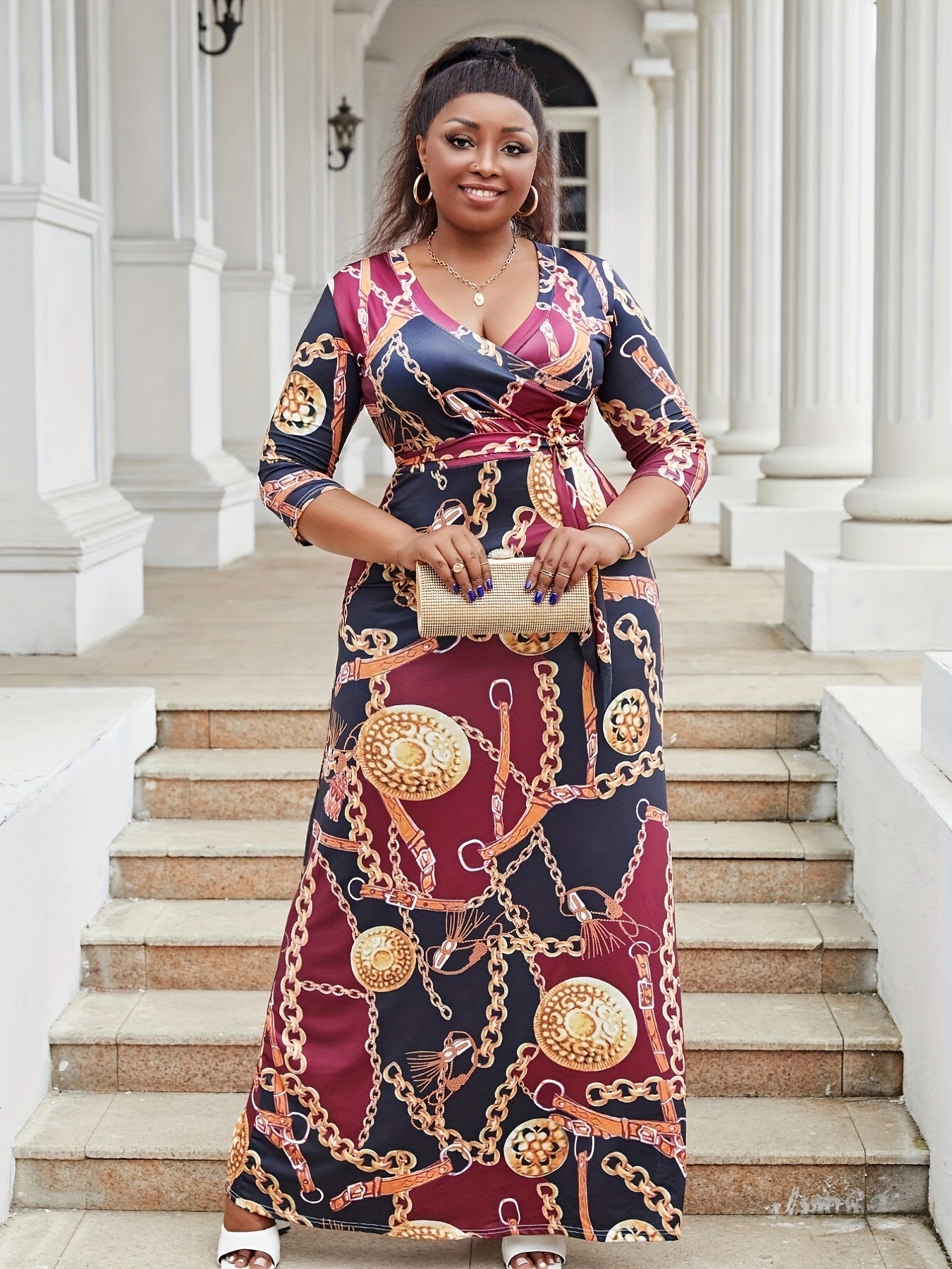  Chain Print Surplice Neck Maxi Dress With Belt
