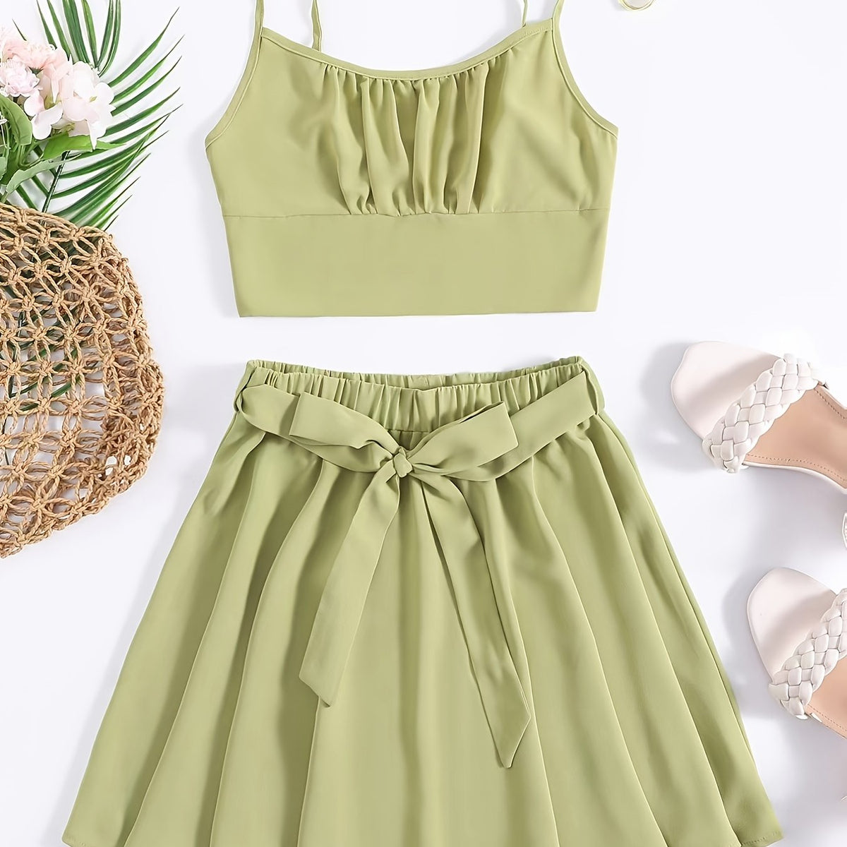 Sexy Block Skirt Two piece Set Pleated Crop Cami Tops