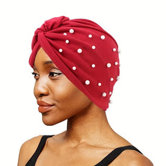 Faux Pearl Decor Turban Cap Solid Pleated Head Wrap