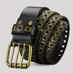 Men's Square Rivet Belt Hip Hop Rock Punk Y2K Style Double Row Pin Buckle Jeans