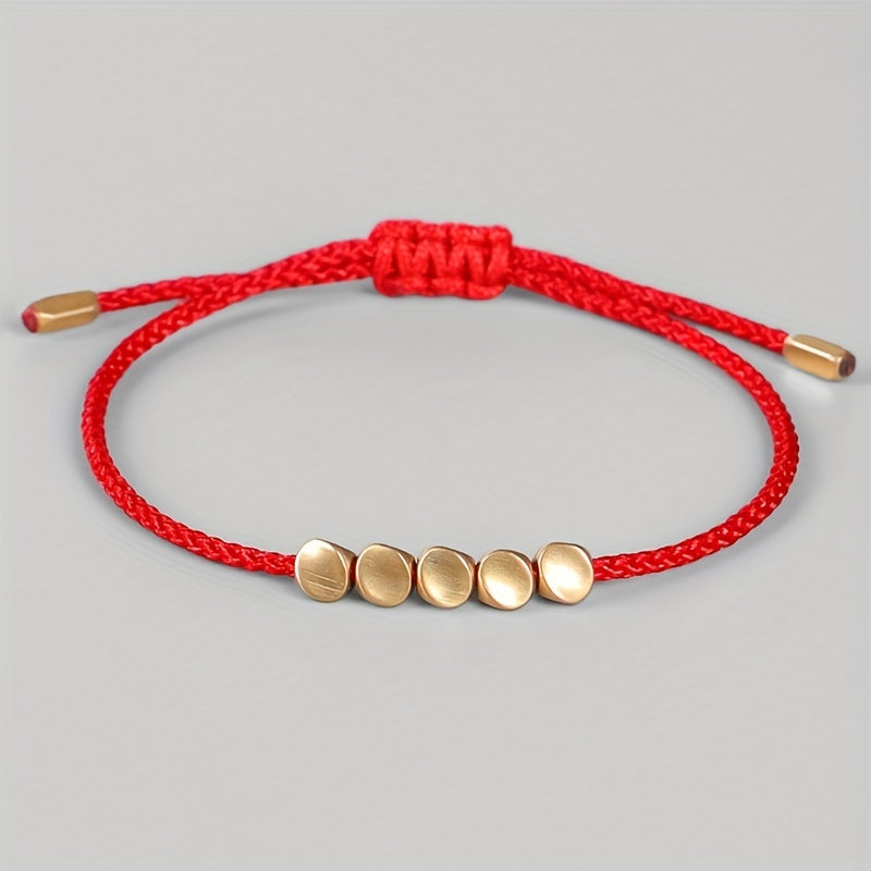 Handwoven Red Rope Bracelet with Copper Beads