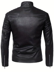 Men's Casual Faux Leather Biker Jacket Zip Up Stand Collar for Spring Fall