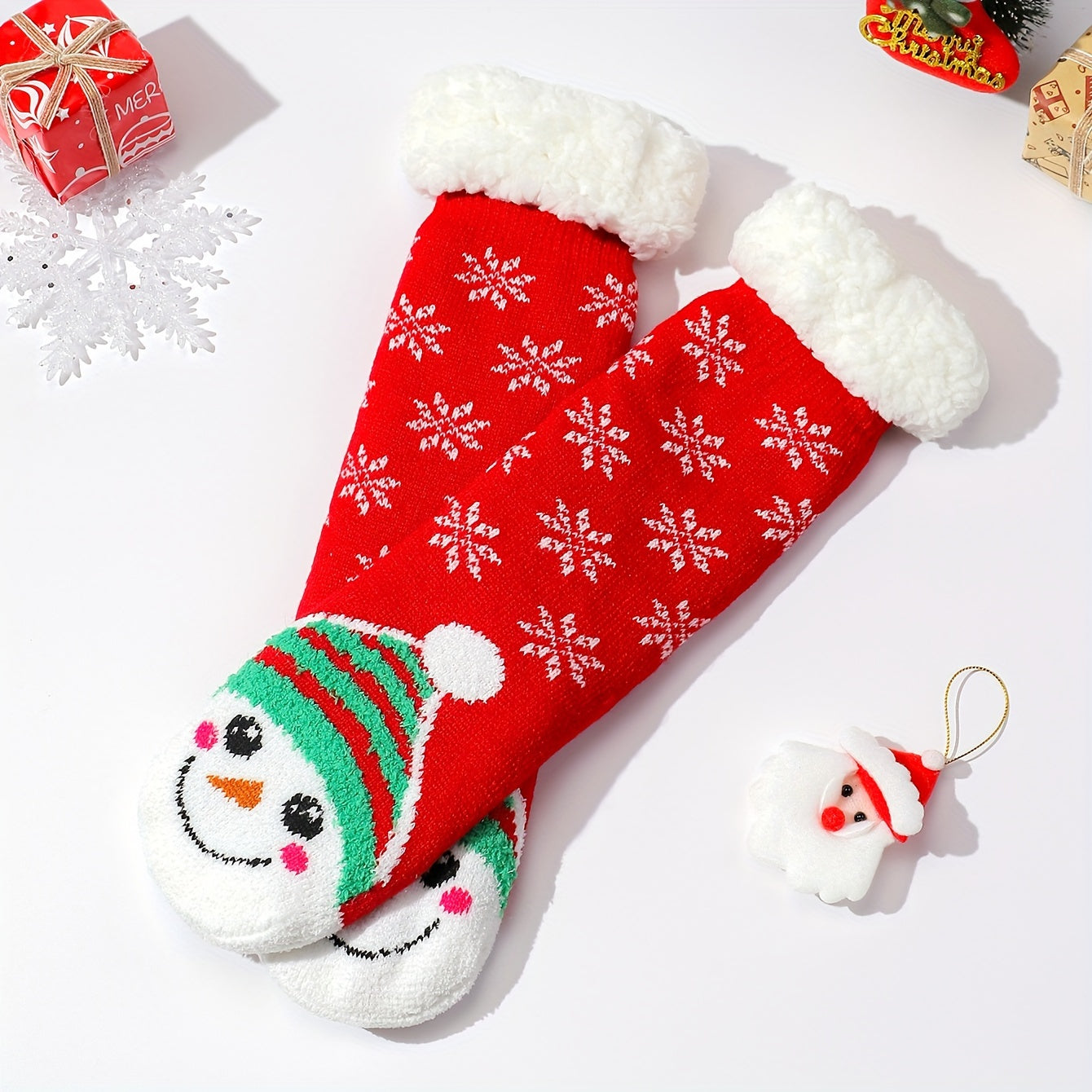 6 Pairs Christmas Print Plush Lined Socks Winter Warm Antiskid Floor Socks