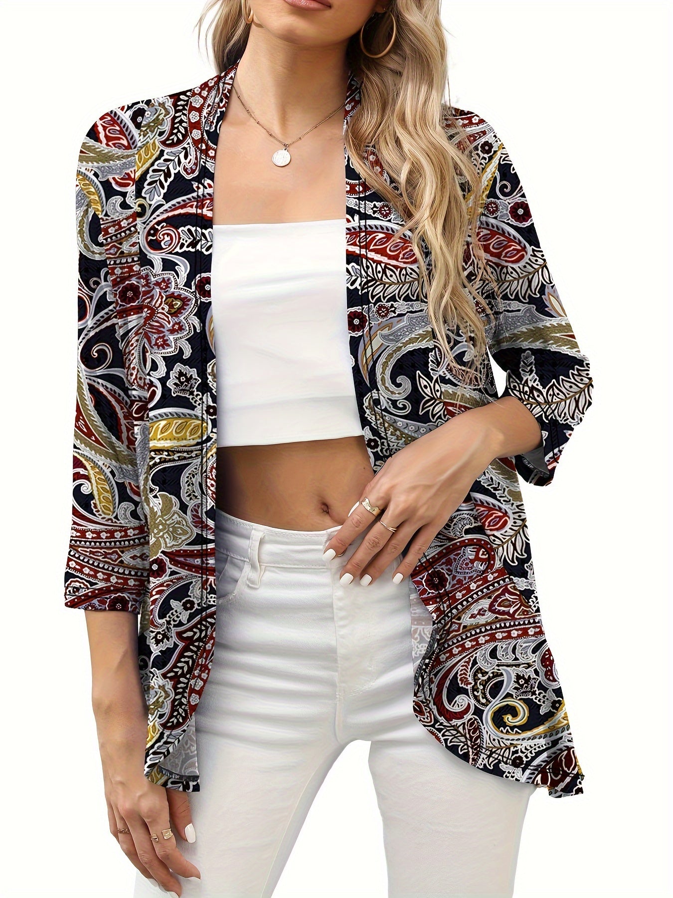  Paisley Print Ruffle Trim Cardigan
