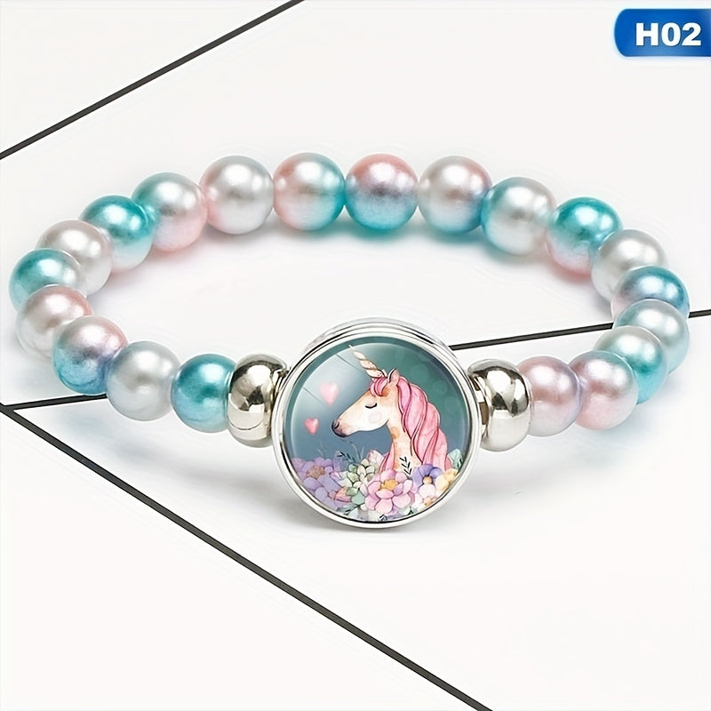 12 Rainbow Unicorn Glass Beads Bracelets for Girls Party