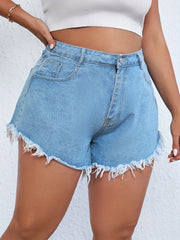  High Rise Fringe Trim Denim Shorts