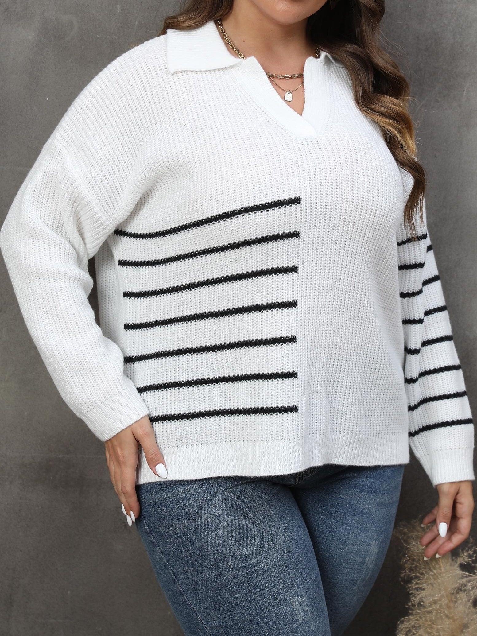  Striped Long Sleeve Polo Neck Casual Sweater