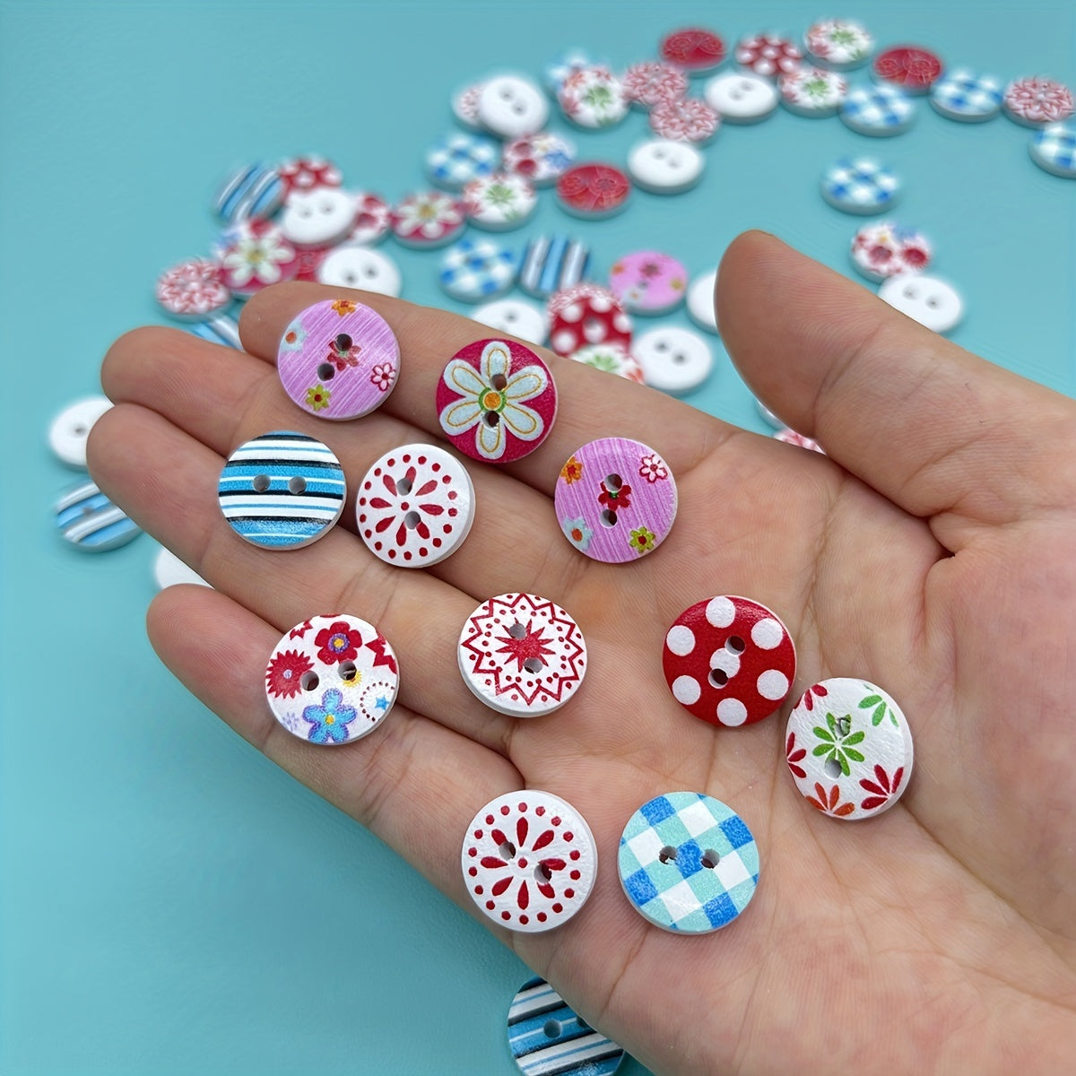 Bohemian Y2K Flower Wooden Buckle Mixed Round Print Wood Button