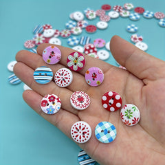 Bohemian Y2K Flower Wooden Buckle Mixed Round Print Wood Button