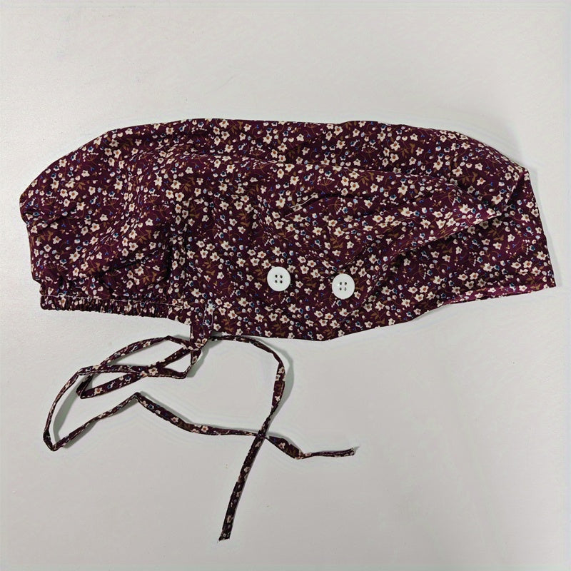 Cartoon Rose Print Work Cap Scrub Cap Adjustable Nurse Hats Elastic Lace Up Cap