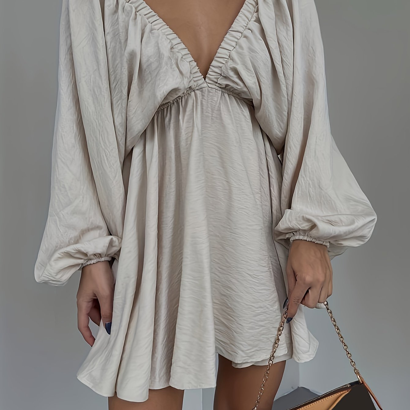  Sexy Dress Women's Plus Solid Lantern Sleeve V Neck Mini Dress