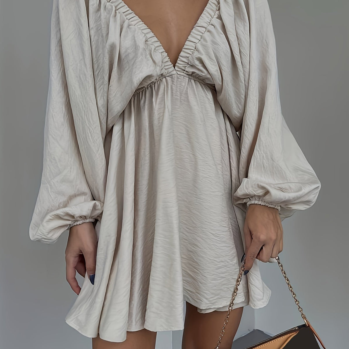  Sexy Dress Women's Plus Solid Lantern Sleeve V Neck Mini Dress