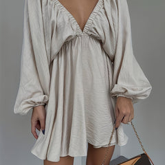  Sexy Dress Women's Plus Solid Lantern Sleeve V Neck Mini Dress