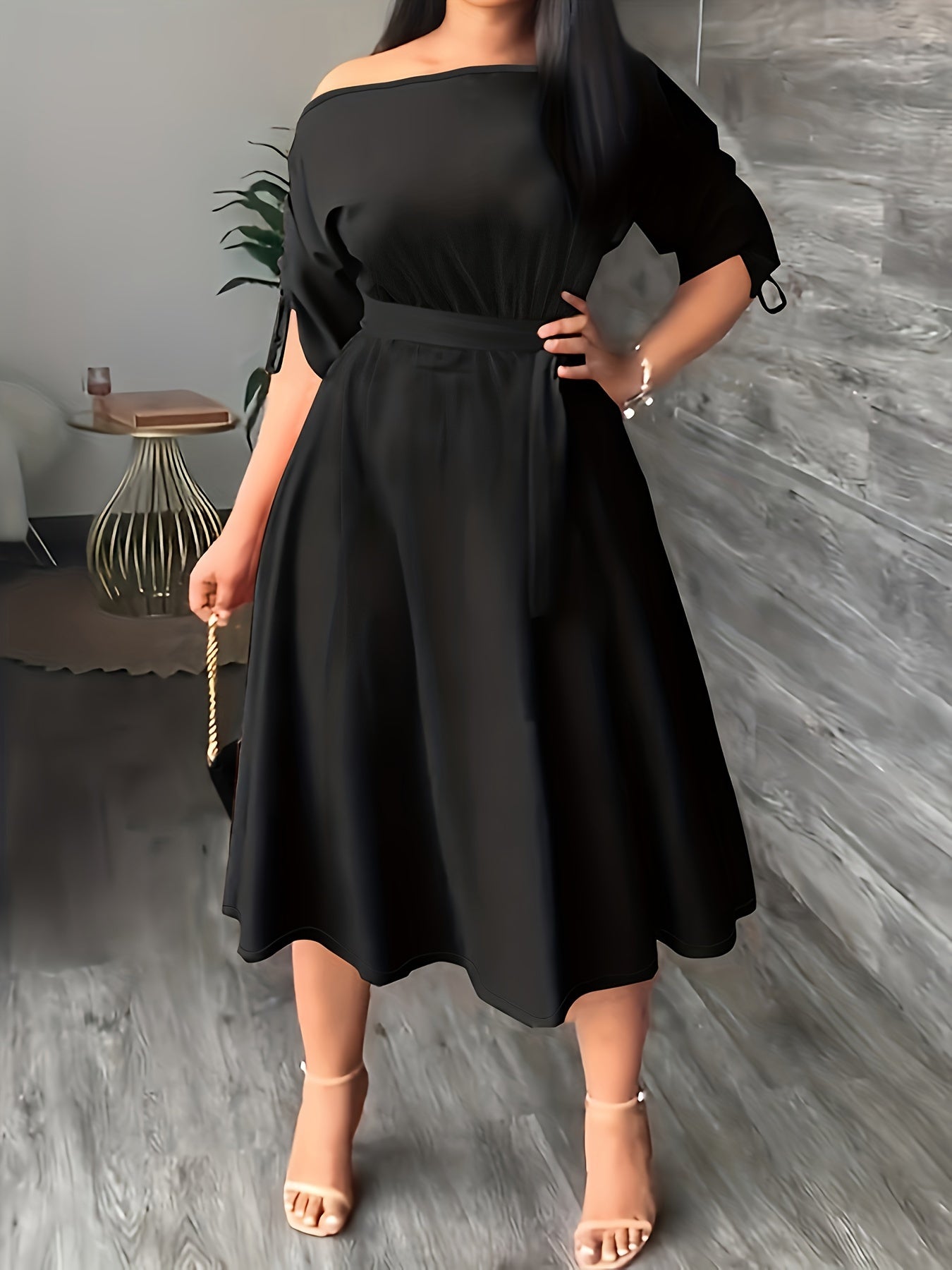  Casual Dress Women's One Shoulder Midi Dress With Belt