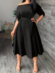  Casual Dress Women's One Shoulder Midi Dress With Belt
