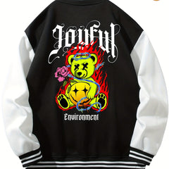 Men's Joyful Muppet Bear Print Jacket Long Sleeve Baseball Collar