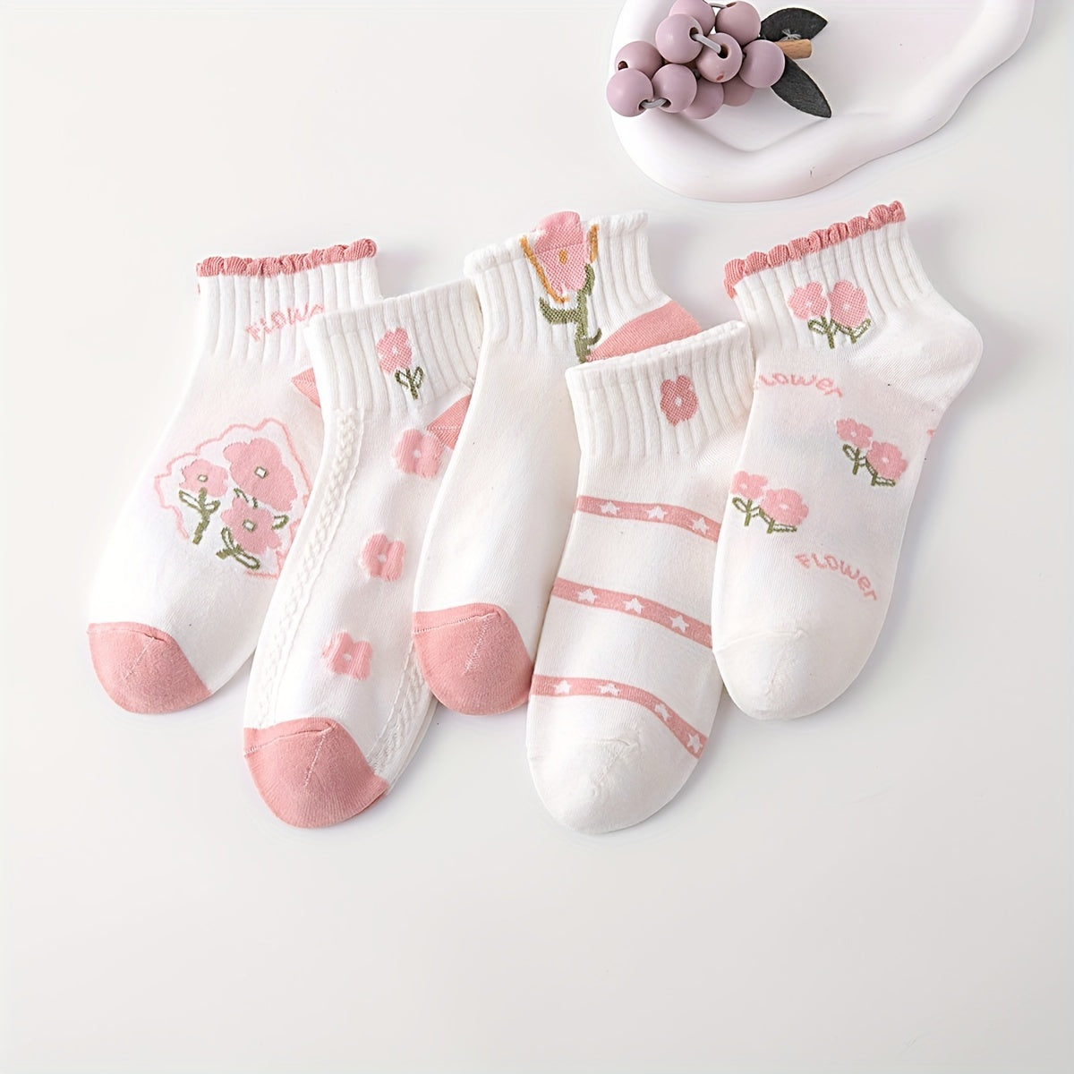 5 Pairs Floral Print Socks Short Women's Stockings & Hosiery