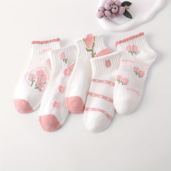 5 Pairs Floral Print Socks Short Women's Stockings & Hosiery
