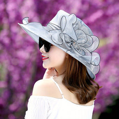 Gray Organza Flower Derby Hat Mesh Sun Hat Women Travel Beach Wedding Bridal Chu
