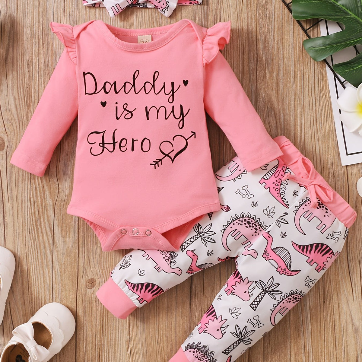 3pcs Daddy Is My Hero Romper & Dinosaur Pants & Hairband