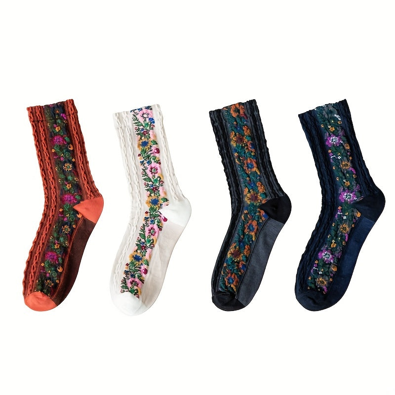 Floral Print Socks Retro Court Style Mid Tube Women's Stockings