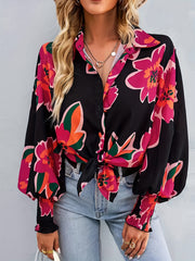  Floral Print Button Up Lantern Sleeve Blouse