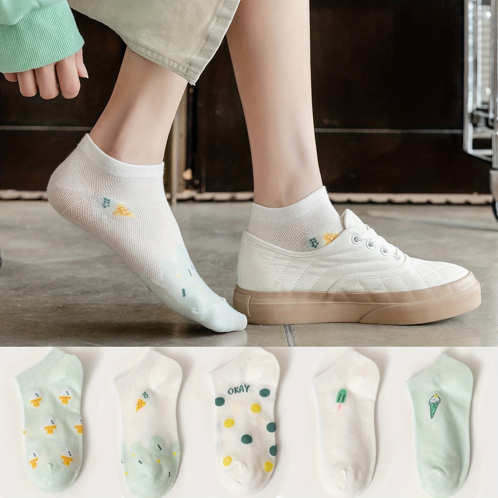 5 Pairs Polka Dot Pattern Socks & Lightweight Low Cut Ankle Socks Women's