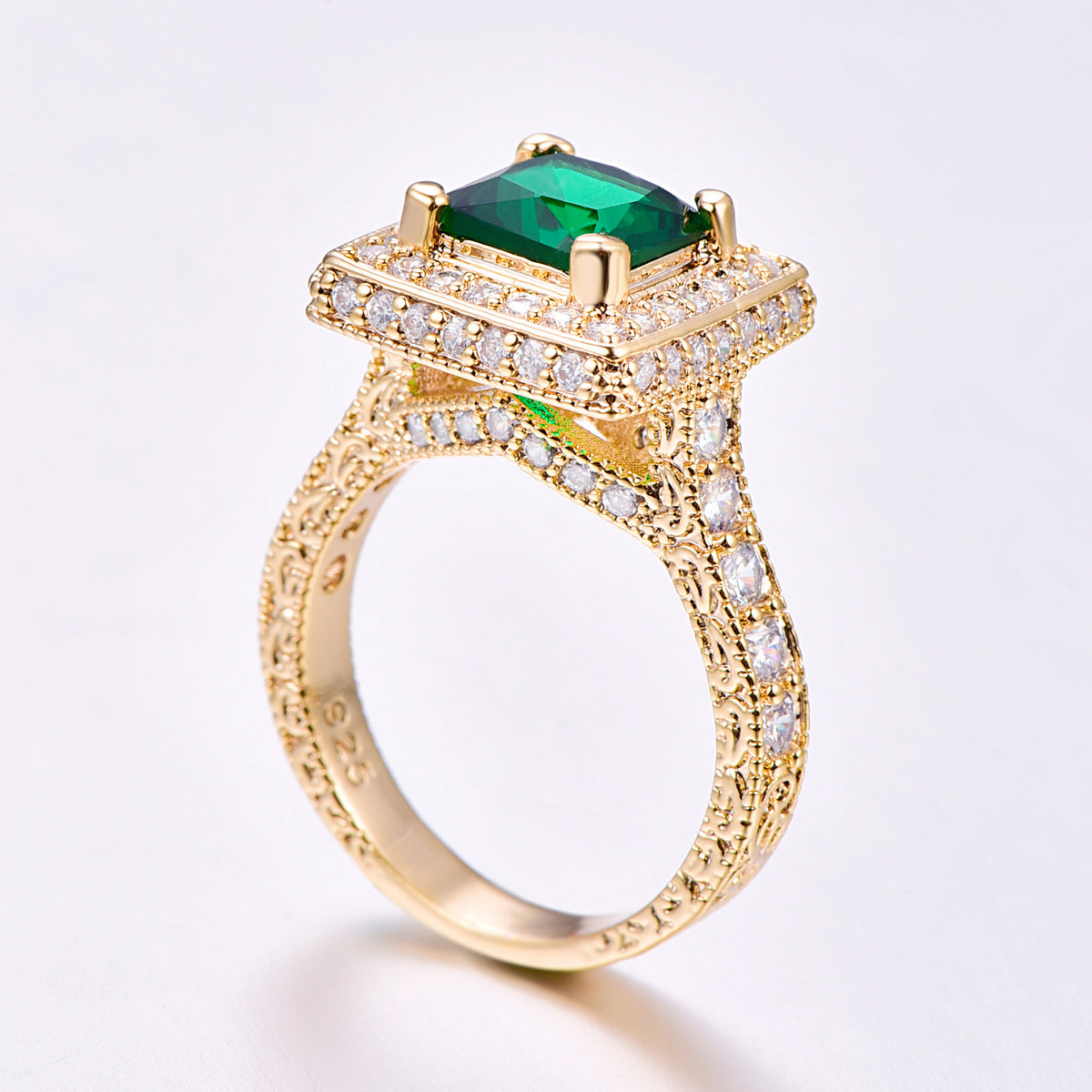Emerald Glass Zircon Plated 18K Yellow Ring