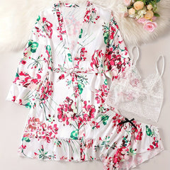 Floral Print Lounge Set Long Sleeve Ruffle Robe & Cami Top & Shorts