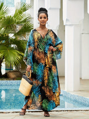  Boho Tropical Print Kaftan Dress V Neck Split Maxi Beach Dress
