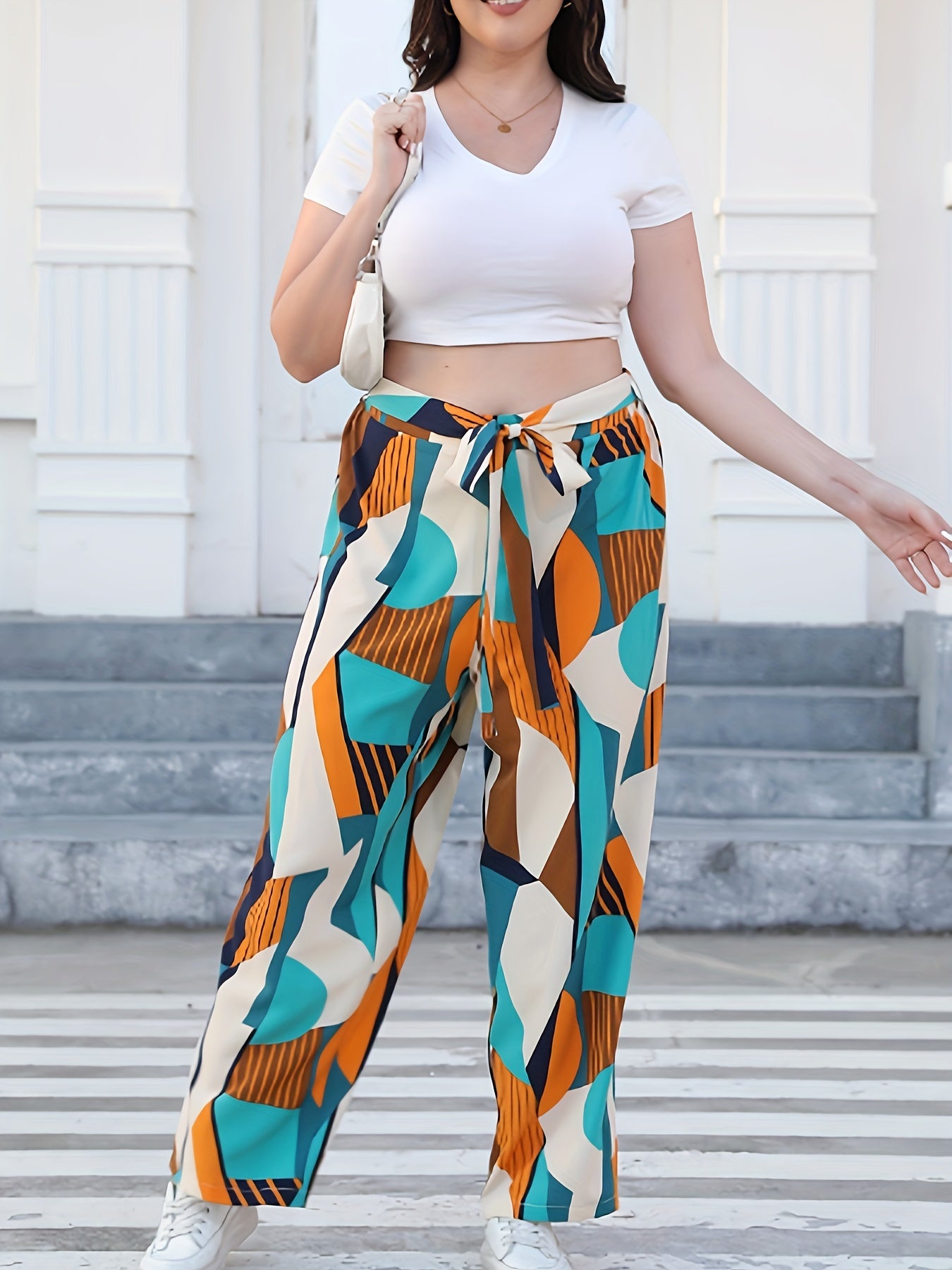  Geo Print Wide Leg Trousers With Belt