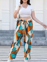  Geo Print Wide Leg Trousers With Belt