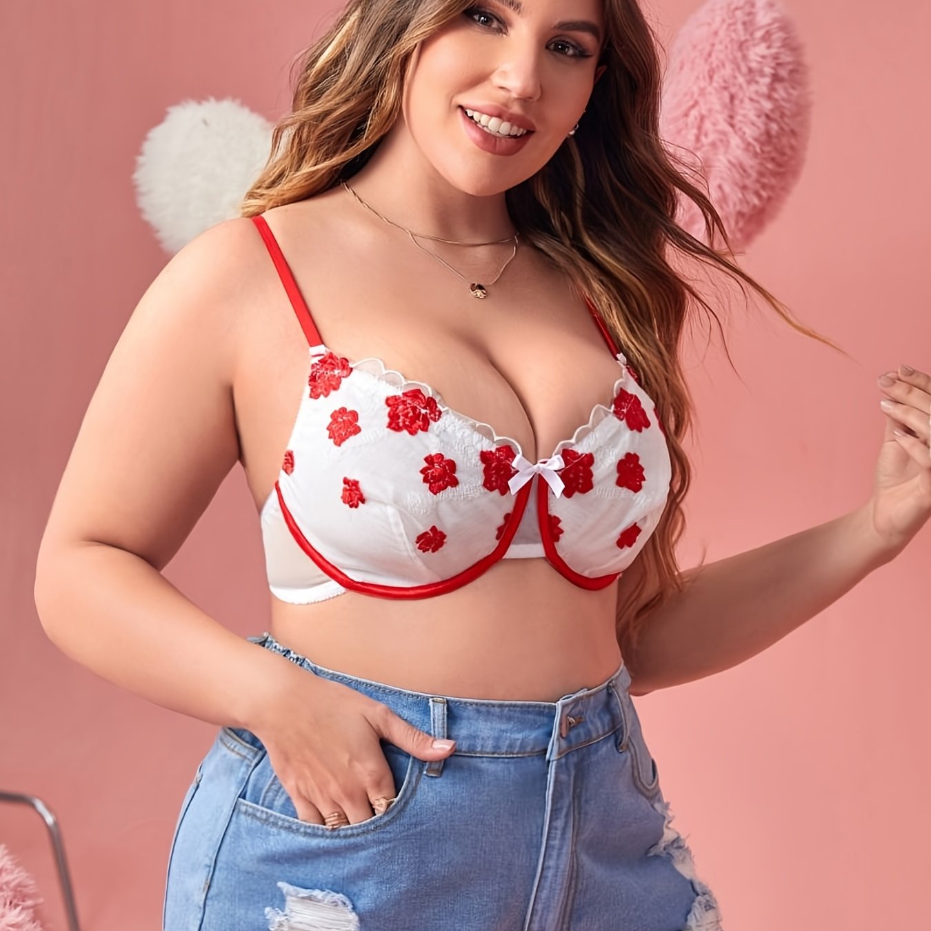  Sexy Bra Women's Plus Floral Print Bow Knot Contrast Mesh Lingerie
