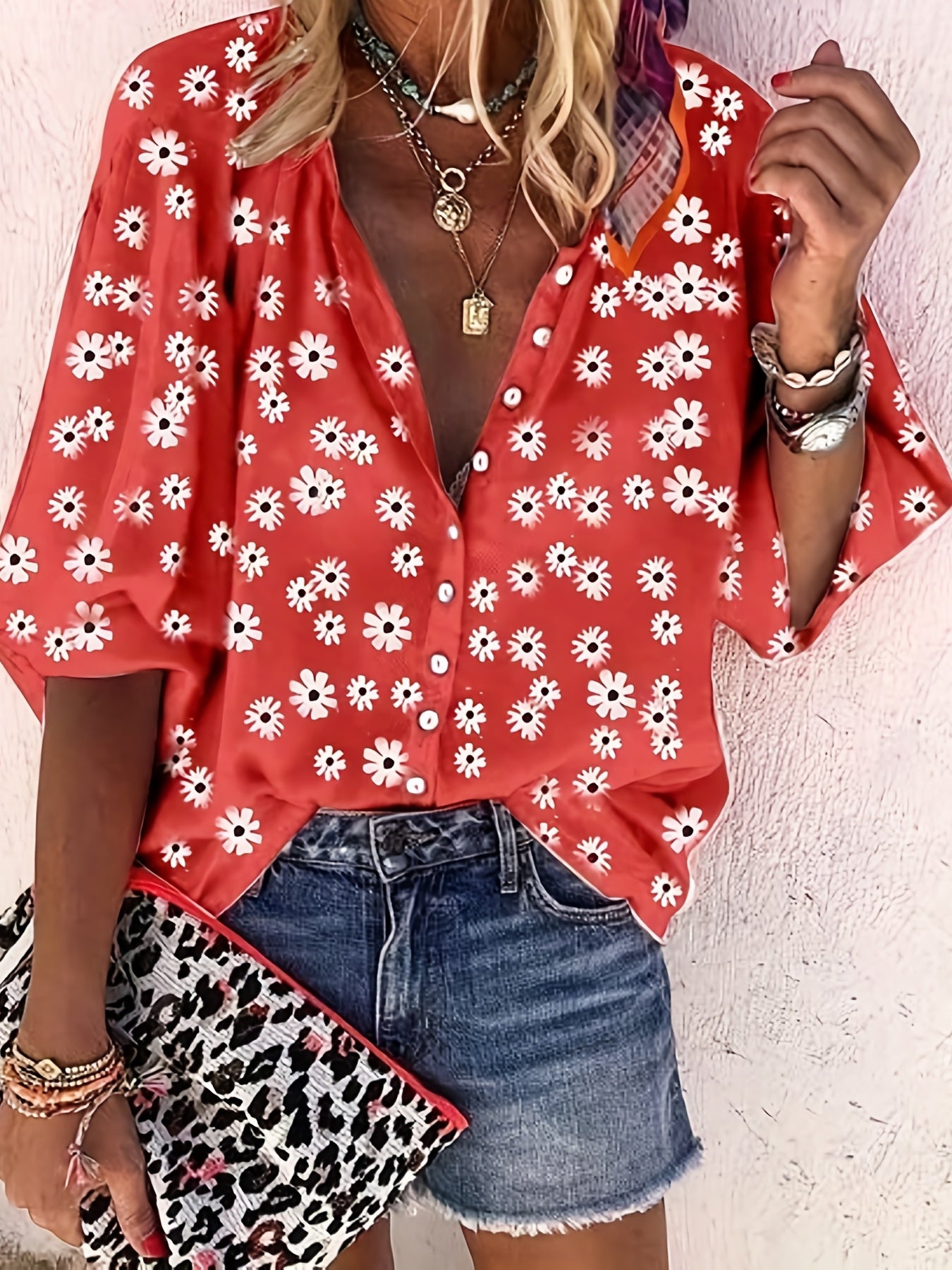  Daisy Print Blouse Long Sleeve Turn Down Collar Button Up