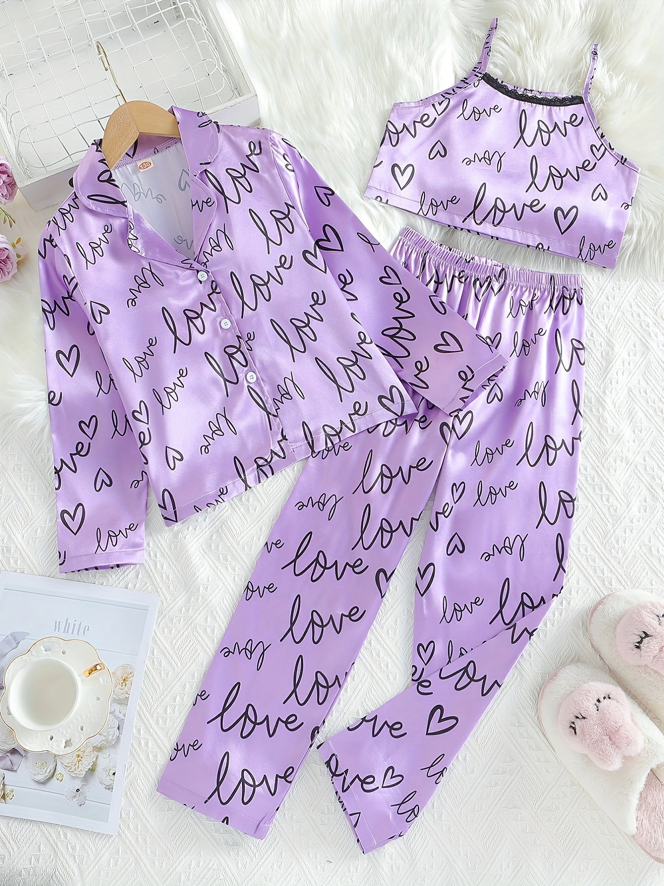 Girl's 3pcs Heart Print Pajama Set Long Sleeve Top Camisole Pants