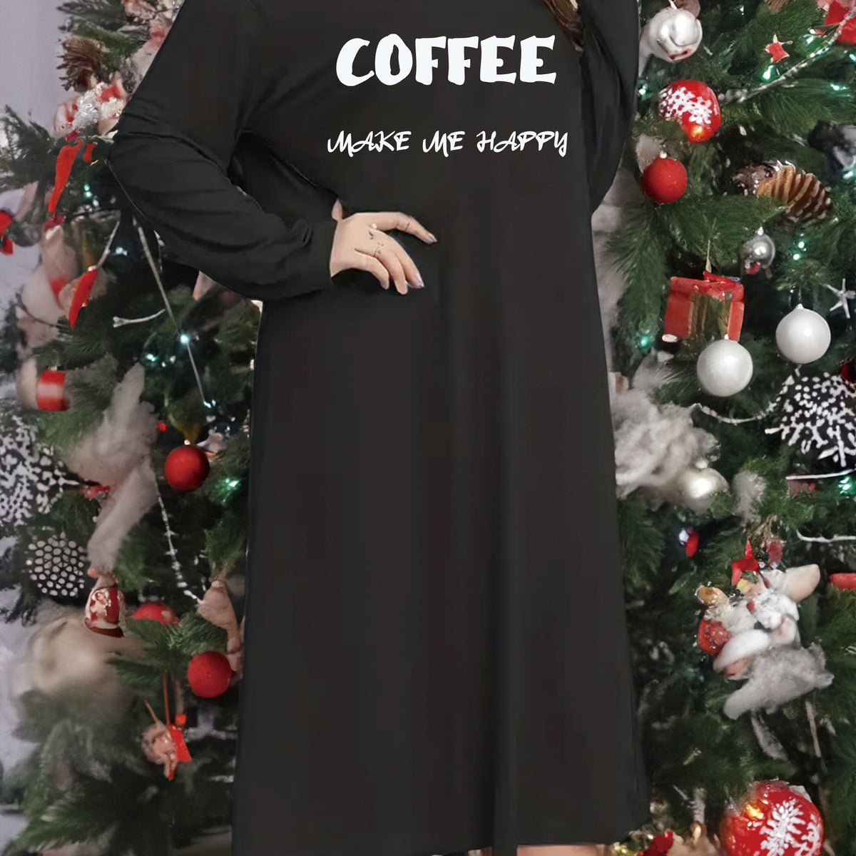  Letter Graphic Nightdress Long Sleeve Round Neck Sleep Dress