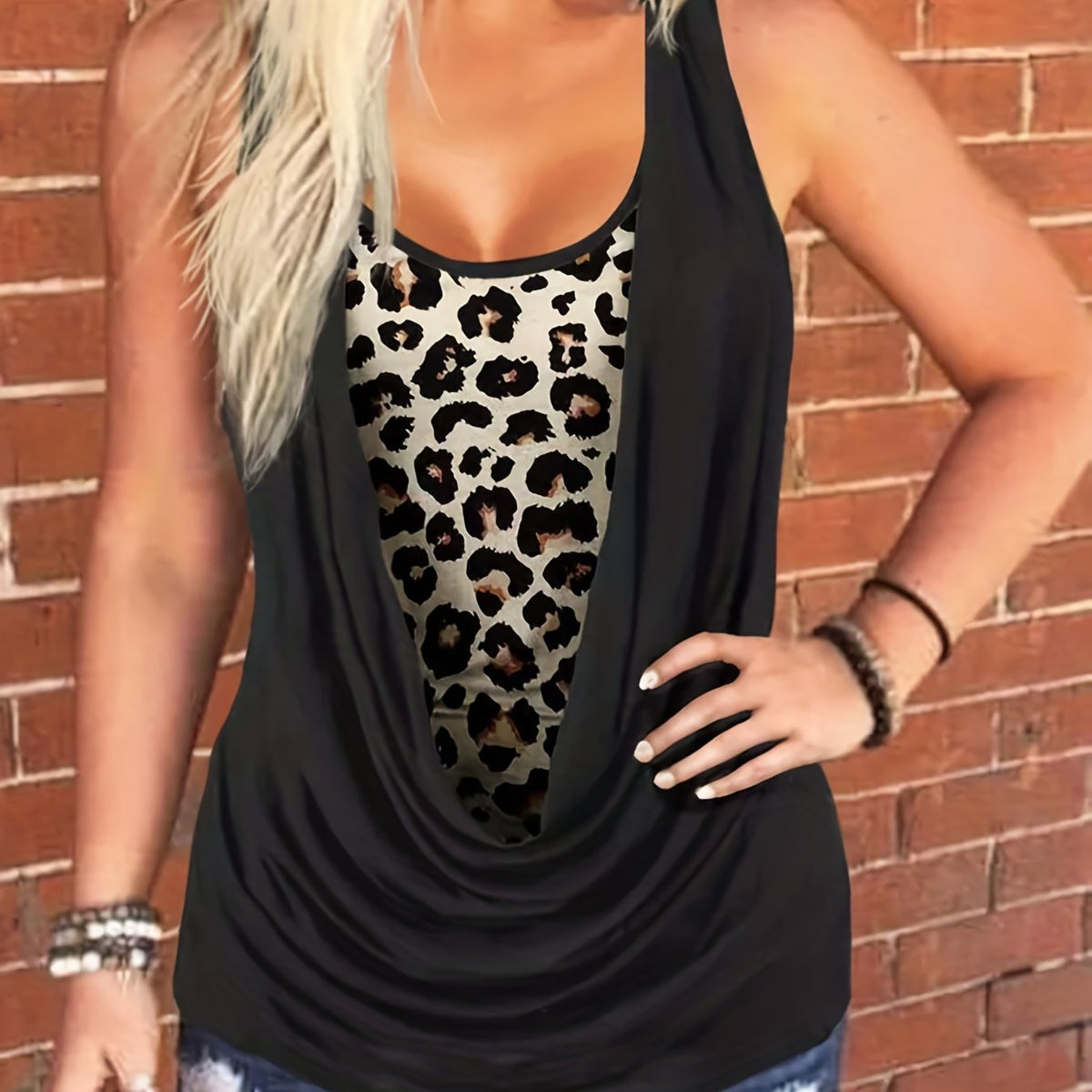  Colorblock Leopard Ruched Tank Top