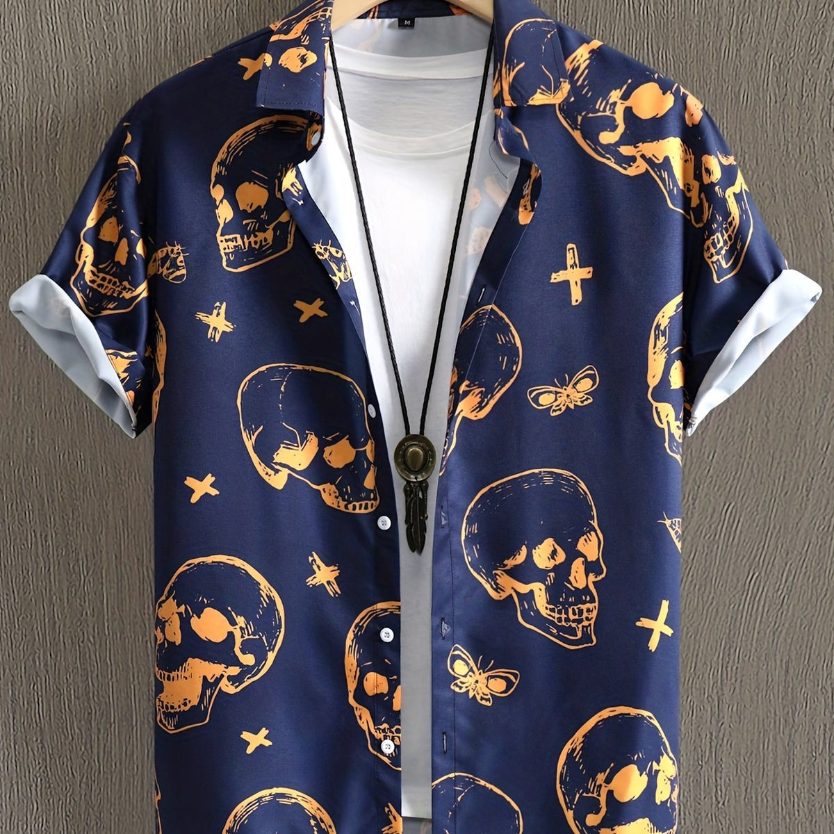 Navy Orange Skull Vintage Style Summer Shirt Men Short Sleeve Casual Blouse