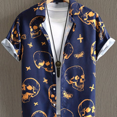 Navy Orange Skull Vintage Style Summer Shirt Men Short Sleeve Casual Blouse
