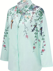  Floral Bird Print Long Sleeve Blouse