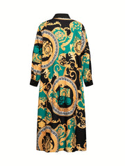  Paisley Print Long Sleeve Button Up Shirt Dress With Belt