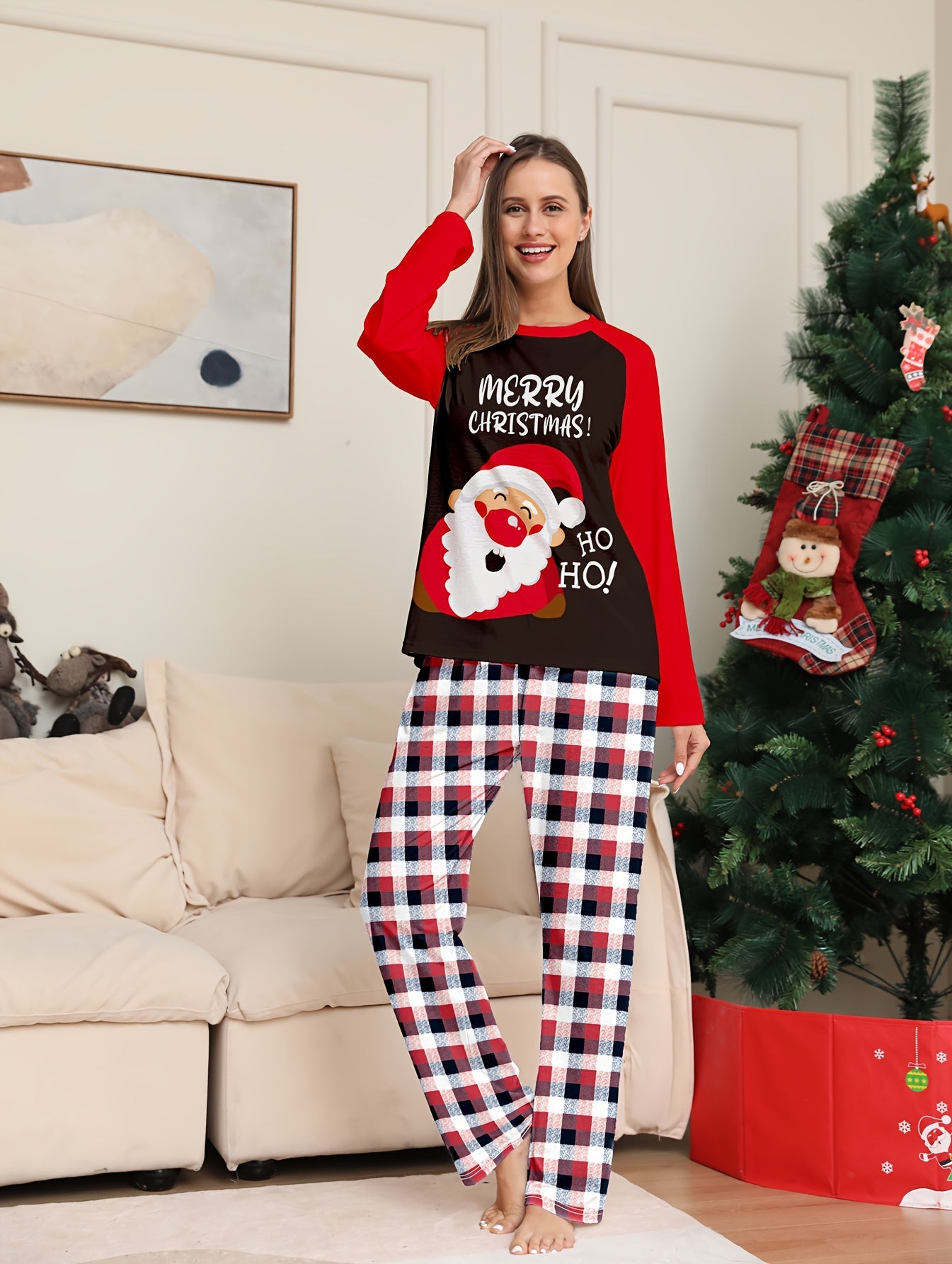 Cartoon Christmas Print Pajama Set Long Sleeve Crew Neck Top & Plaid Pants