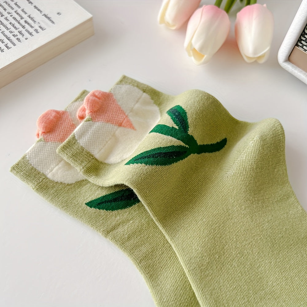 5 Pairs Floral Print Socks Comfy Mid Tube Women's Stockings