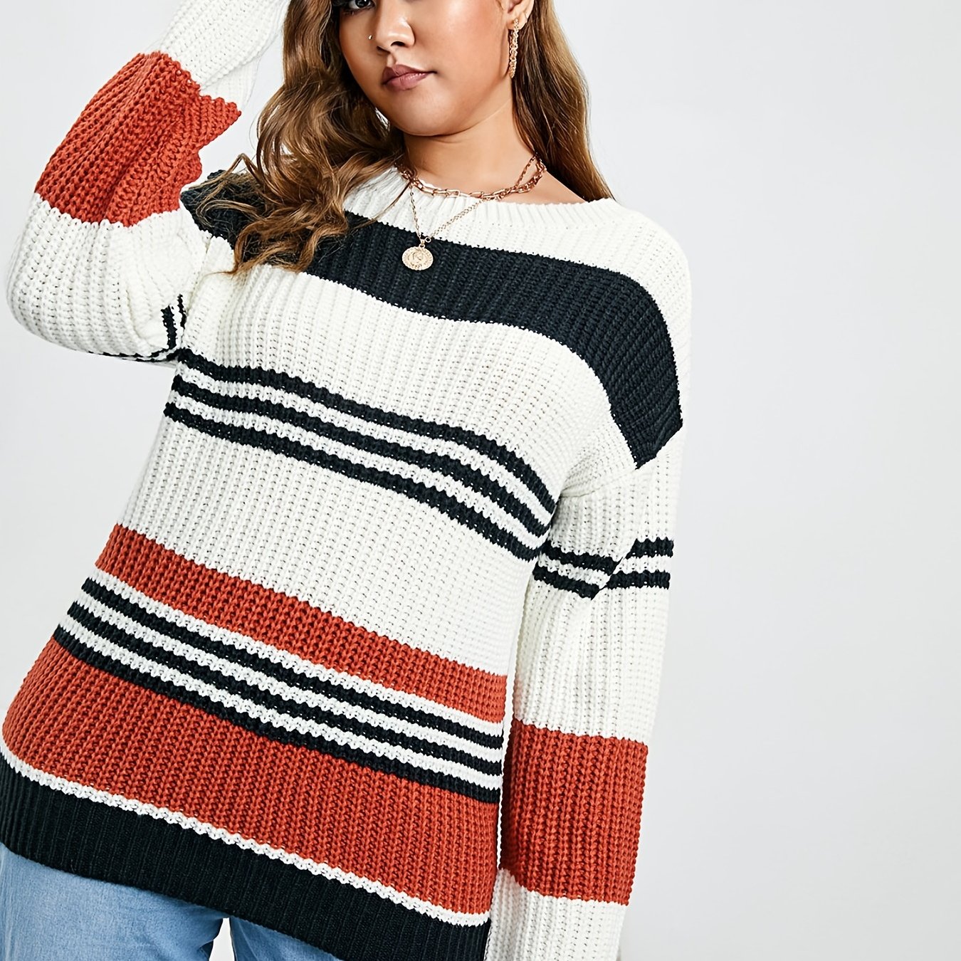 Colorblock Long Sleeve Knit Pullover Sweater Women's Plus