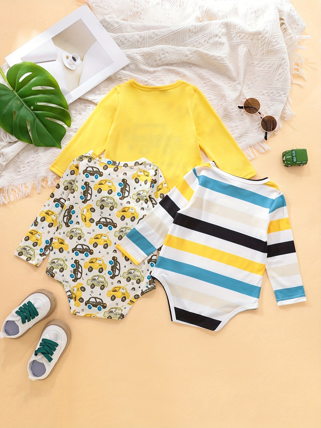 Boys' Triangle Jumpsuits Car Letter Print Rompers 3pcs Set