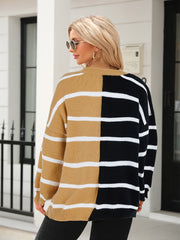  Colorblock Stripe Print Round Neck Sweater