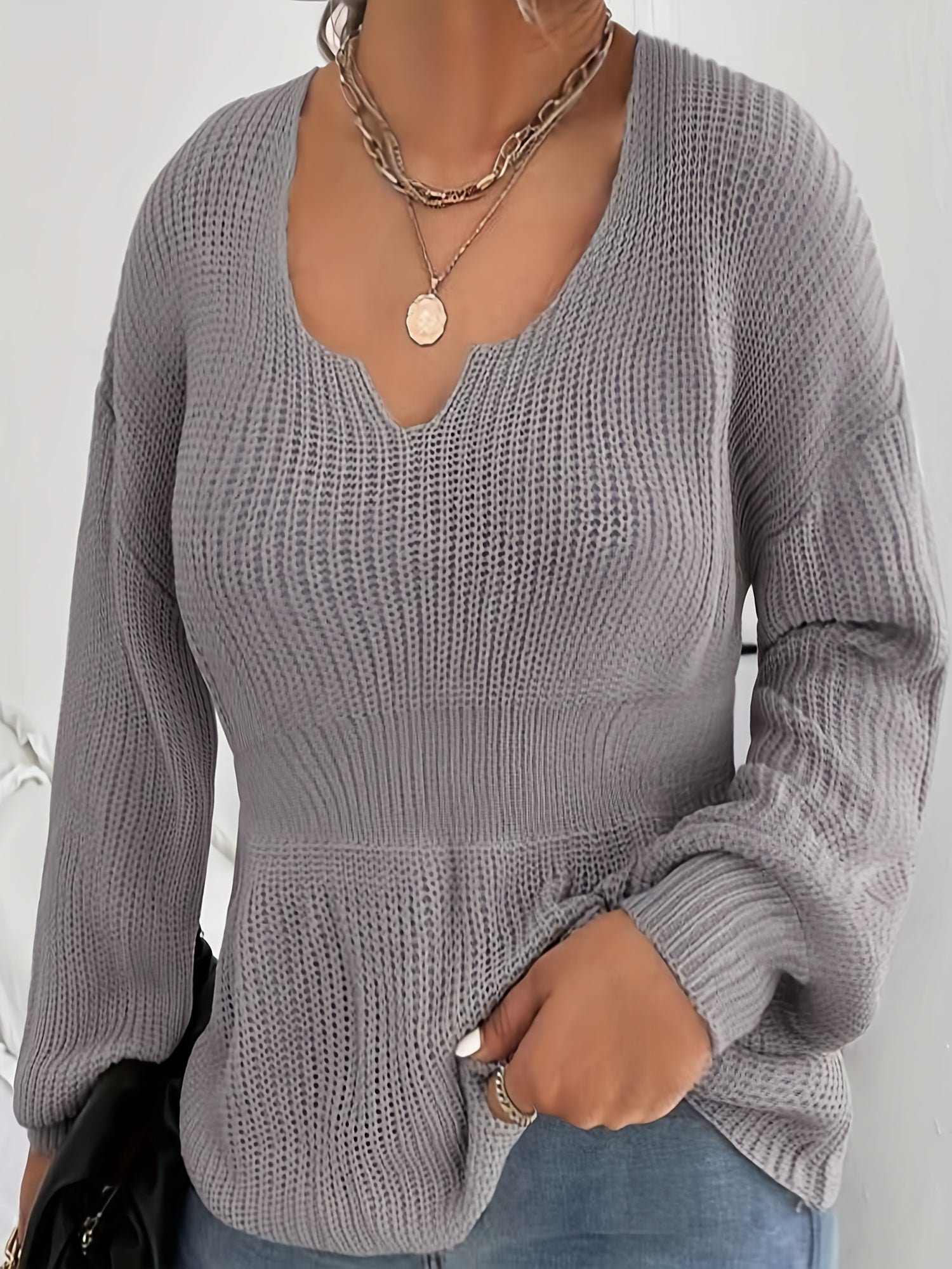  Ribbed Knit Lantern Sleeve Sweater