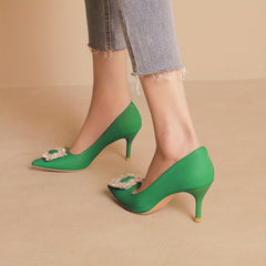 Crystal Decor Stiletto Heels Point Toe Faux Leather Pumps